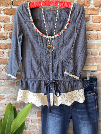 Vintage Chic Plaid Crochet Patchwork Top