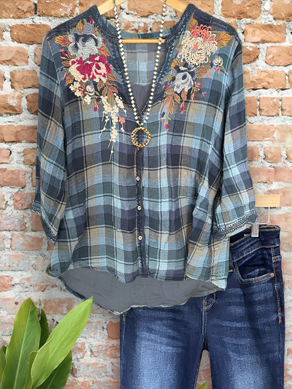 Women's top | Pastoral Retro Embroidered Floral Plaid Shirt |Website-shopcharmingrose