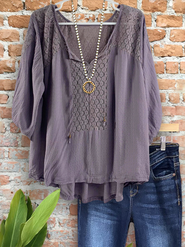 Casual Crochet Polka Dot Patchwork V-Neck Top