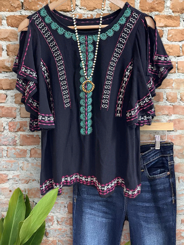 Women's top | Ethnic Print Webbing Cutout Shoulder Top |Website-shopcharmingrose