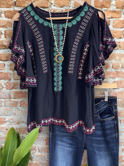 Ethnic Print Webbing Cutout Shoulder Top