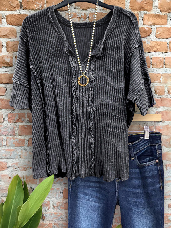 Retro Loose Striped Textured Raw Edge Top