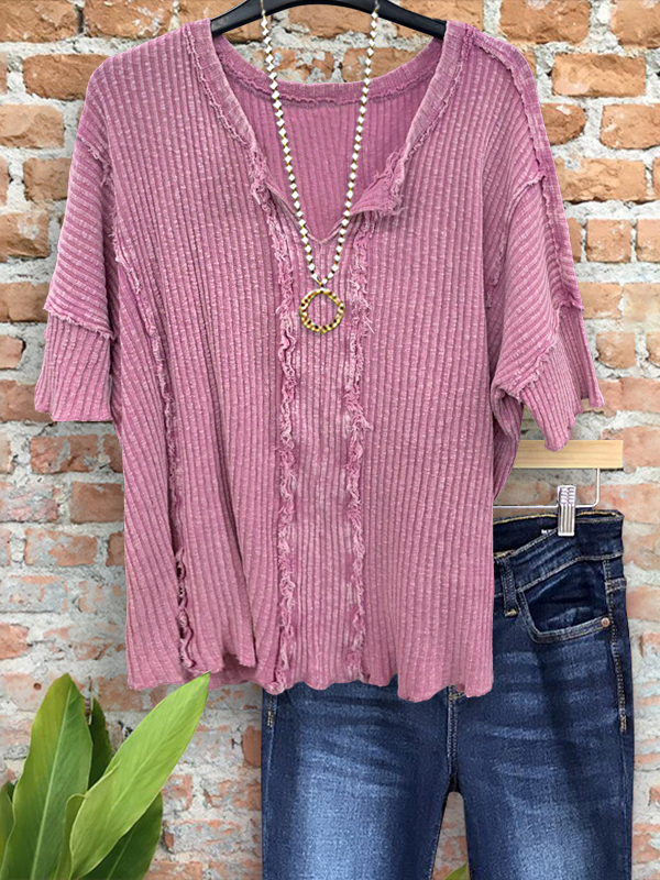 Retro Loose Striped Textured Raw Edge Top