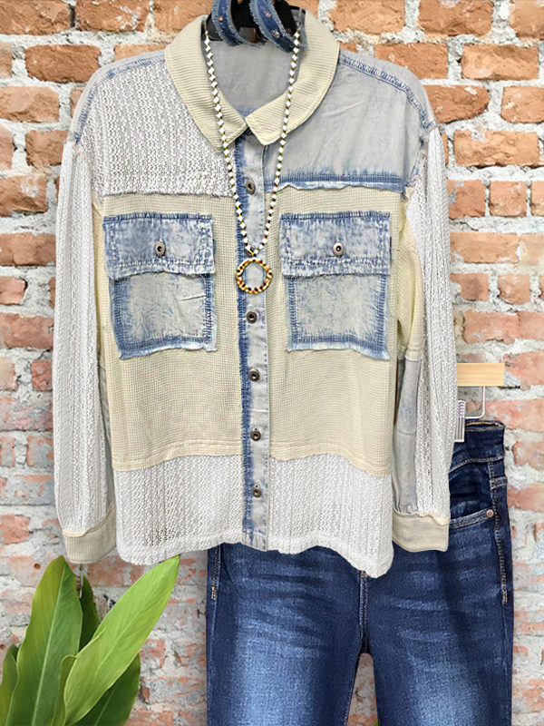 Casual Crochet Pocket Patchwork Shirt