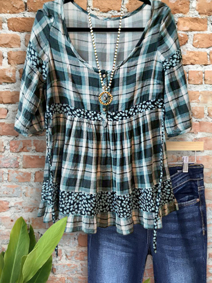 Pastoral Plaid Floral Patchwork Top
