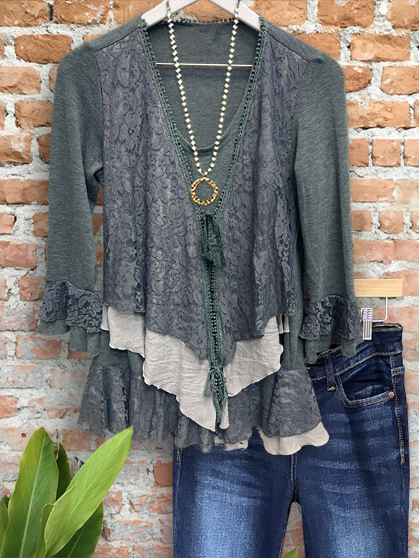Women's top | Vintage Lace Patchwork Ruffle Sleeve Top |Website-shopcharmingrose