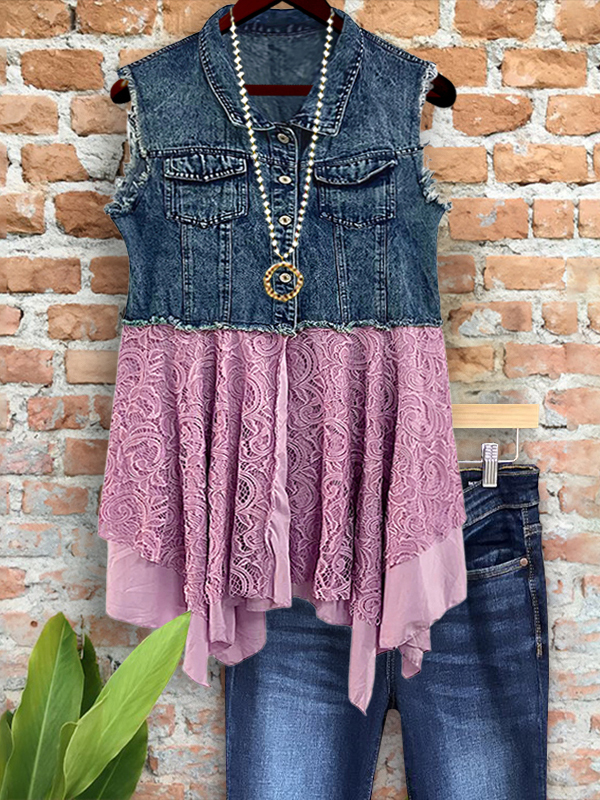 Women's top | Charming Denim Lace Patchwork Hem Top |Website-shopcharmingrose
