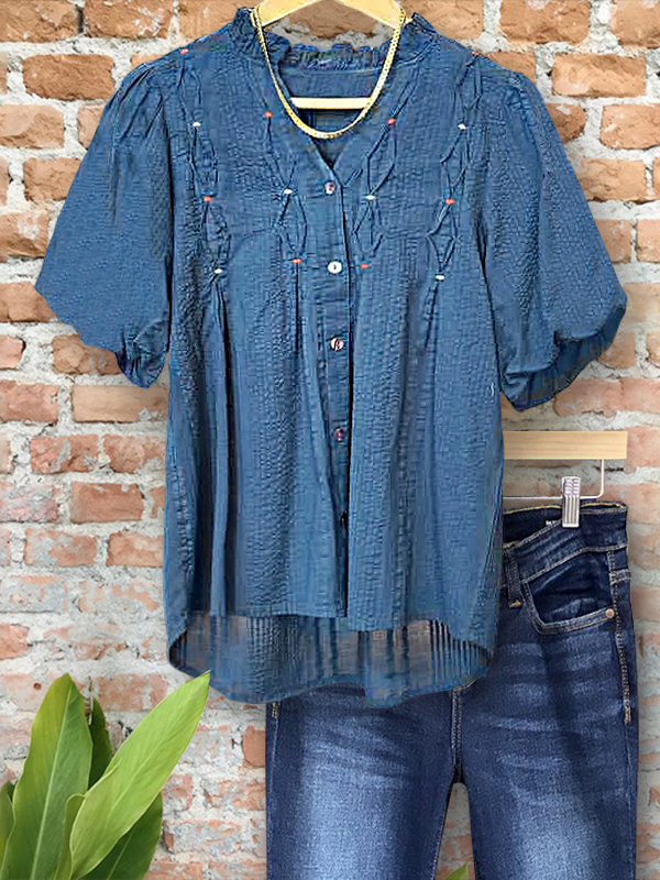 Vintage Textured Gathered Button-Down Shirt
