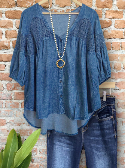 Denim Style Hollow Patchwork V-Neck Top