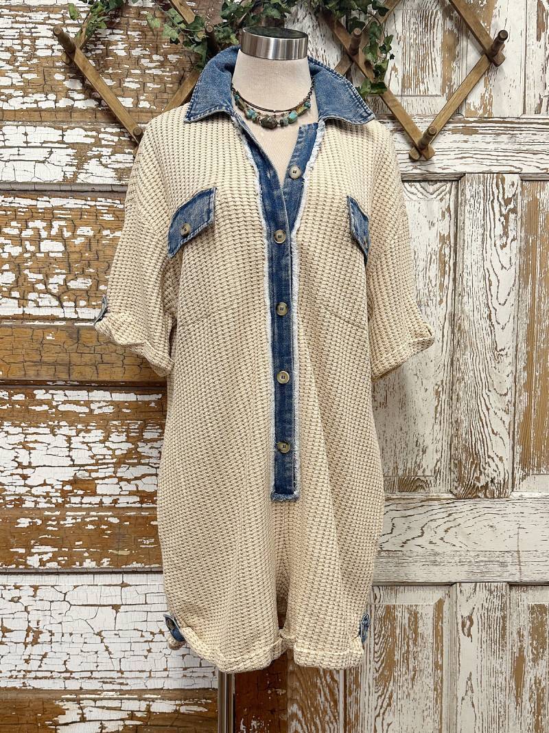 Women's Romper | Casual Fashion Denim Waffle Patchwork Jumpsuit |Website-shopcharmingrose