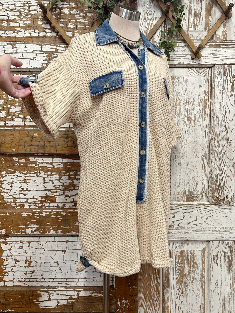 Casual Fashion Denim Waffle Patchwork Jumpsuit