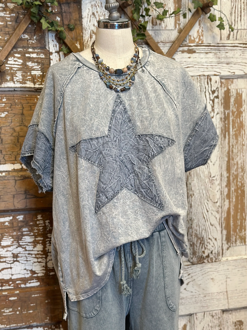 Women's top | Vintage Denim Style Star Patch Top |Website-shopcharmingrose