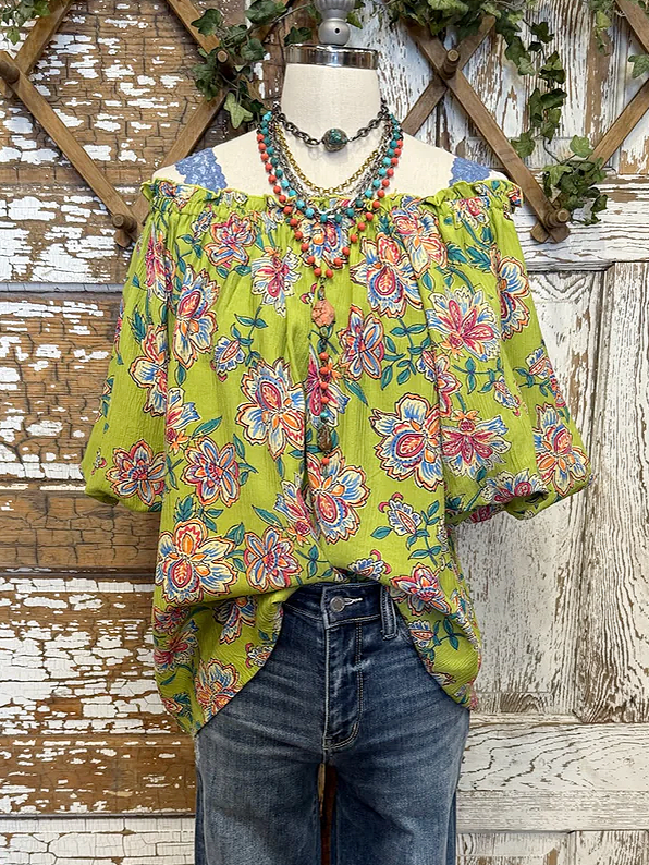 Women's top | Romantic Floral Print Elastic Crew Neck Top |Website-shopcharmingrose