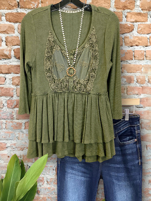 Vintage Chic Crochet Patch Double Hem Top
