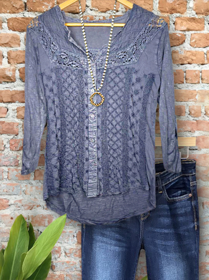 Casual Vintage Crochet Notched V-Neck Top