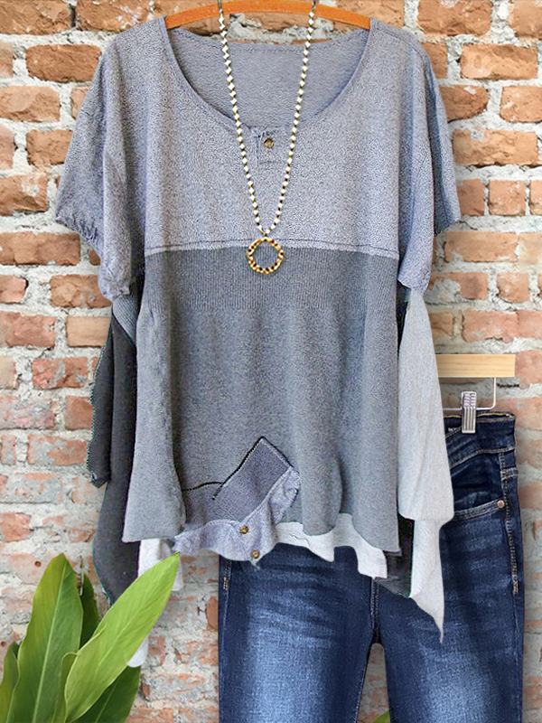 Casual Loose Patchwork Irregular Hem Top