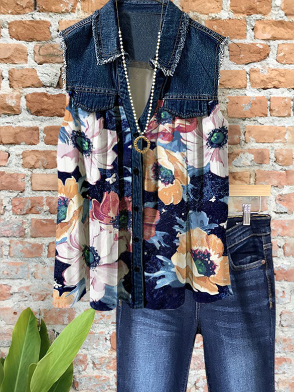 Charming Denim Colorful Floral Patchwork Top