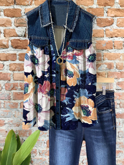 Charming Denim Colorful Floral Patchwork Top
