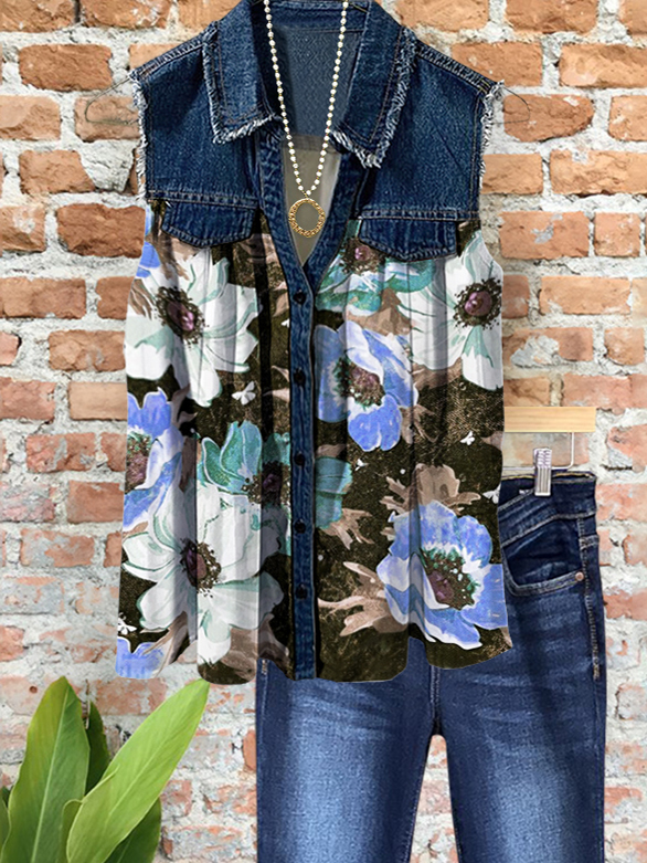 Charming Denim Colorful Floral Patchwork Top