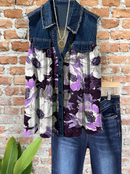 Charming Denim Colorful Floral Patchwork Top