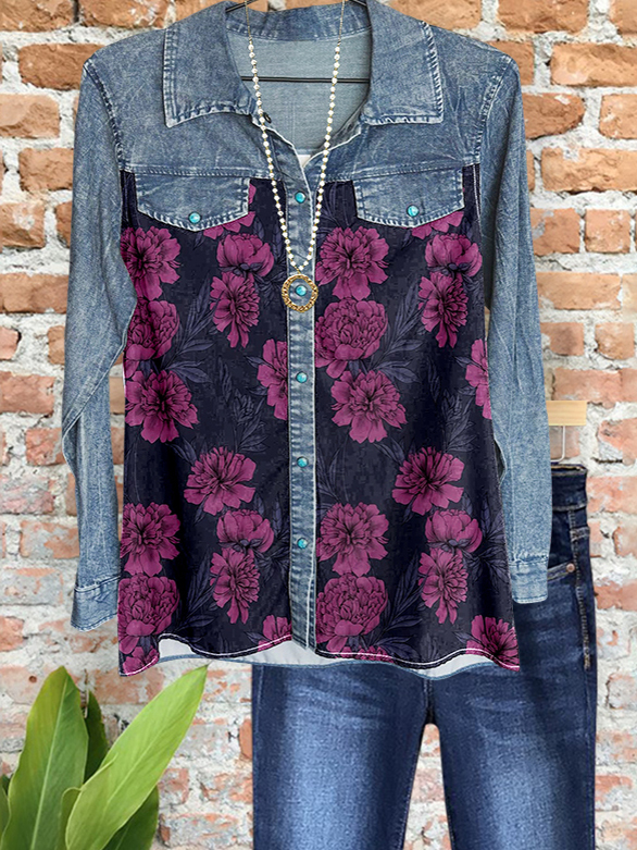 Women's top | Charming Romantic Denim Floral Patchwork Shirt |Website-shopcharmingrose