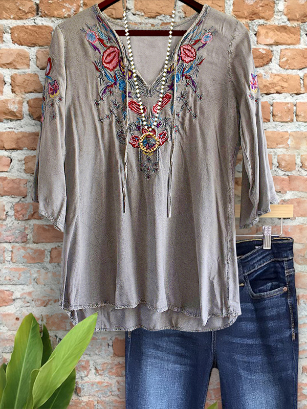 Vintage Embroidered Floral V-Neck Top