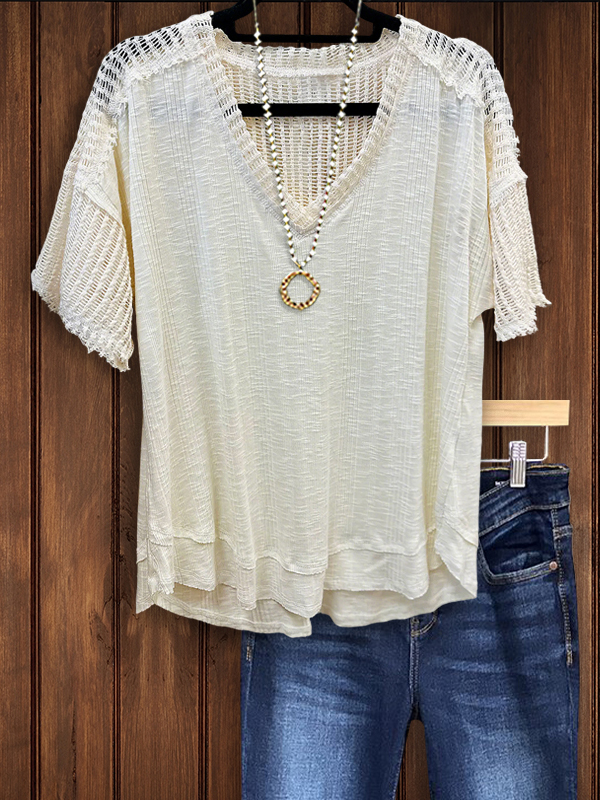 Casual Textured Crochet Mesh Patchwork Top