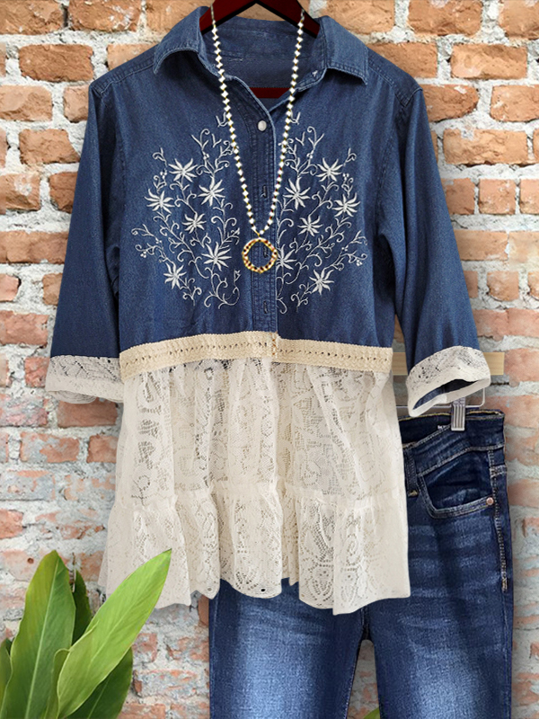 Vintage Chic Denim Embroidered Lace Patchwork Top