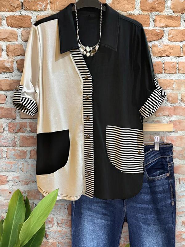 Casual Contrast Patchwork Mid-Sleeve Top