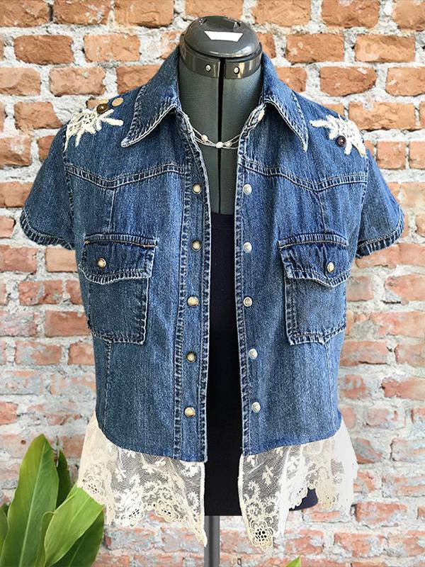 Vintage Denim Lace Patchwork Short Sleeve Top
