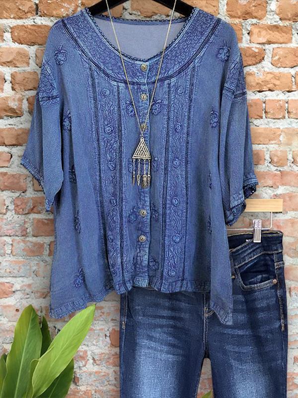 Casual Retro Embroidered Mid-Sleeve Shirt