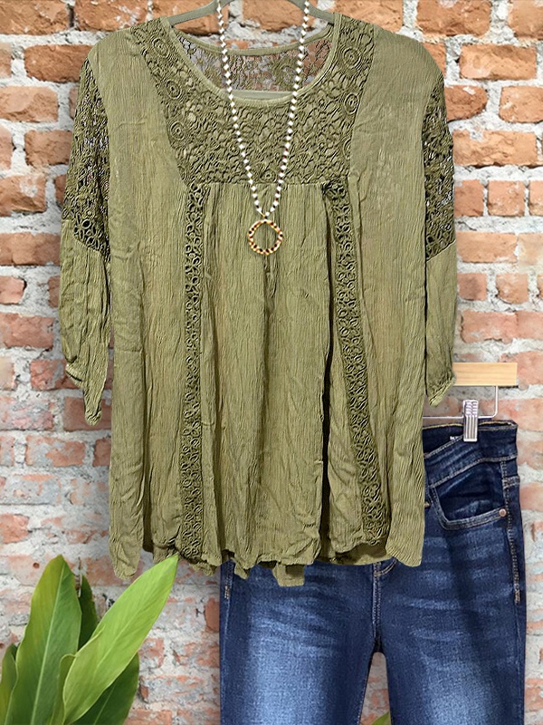 Vintage Textured Crochet Mid-Sleeve Top