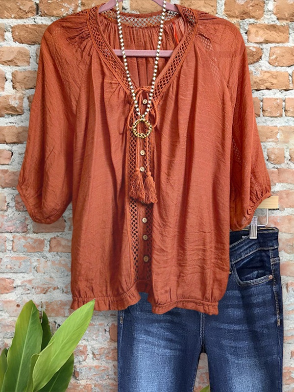 Vintage Crochet Patchwork V-Neck Top