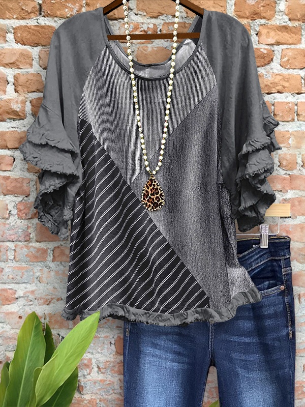 Retro Loose Striped Layered Ruffle Sleeve Top