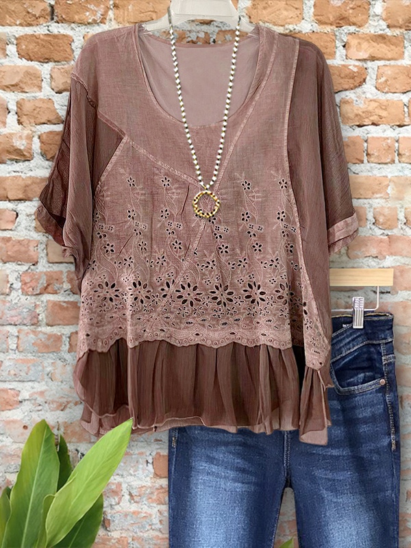 Vintage Hollow Jacquard Ruffle Hem Top