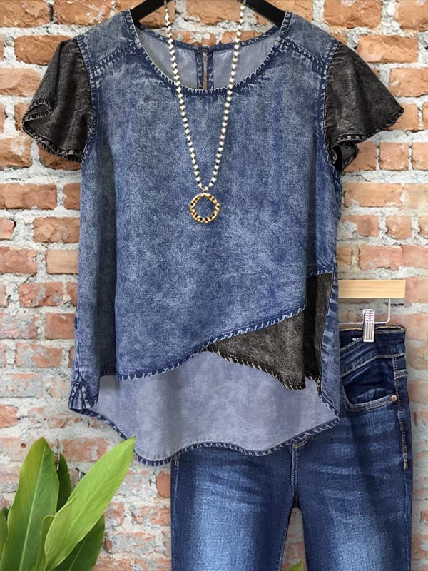 Casual Denim Patchwork Irregular Hem Top