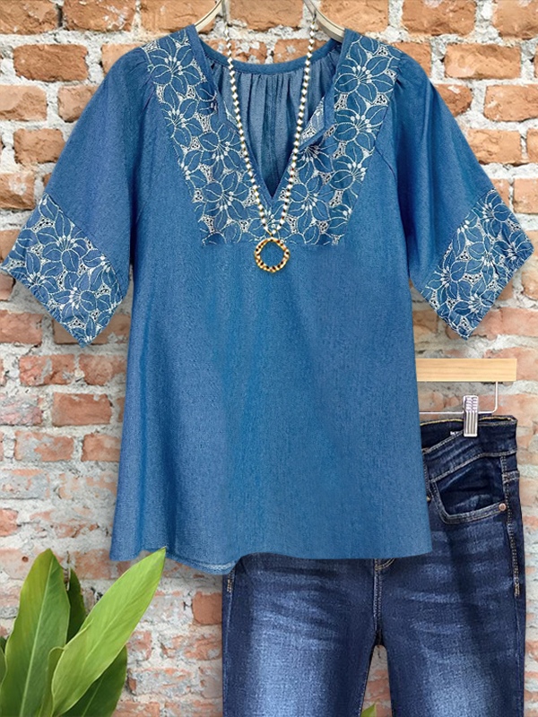 Casual Denim Floral Patchwork Notched V-Neck Top