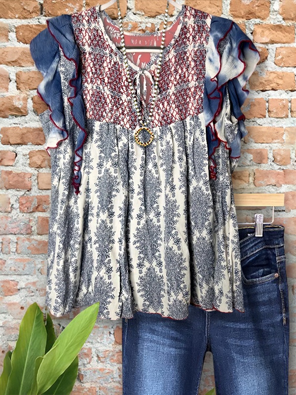 Vintage Print Gathered Ruffle Sleeve Top