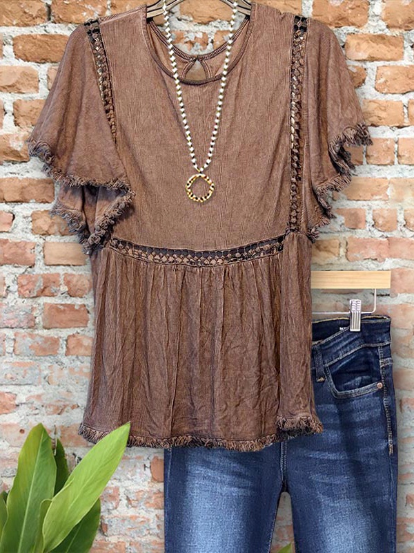 Casual Vintage Raw Edge Webbing Patchwork Top