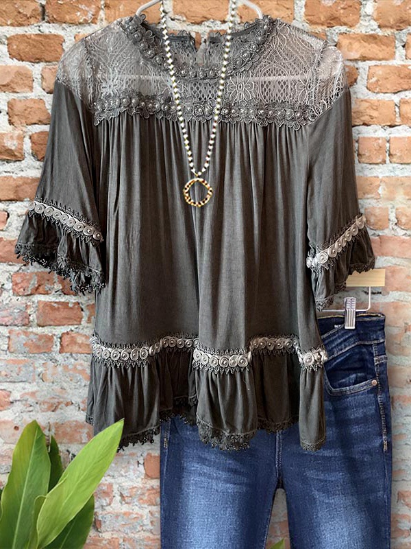 Vintage Chic Lace Patchwork Ruffle Sleeve Top