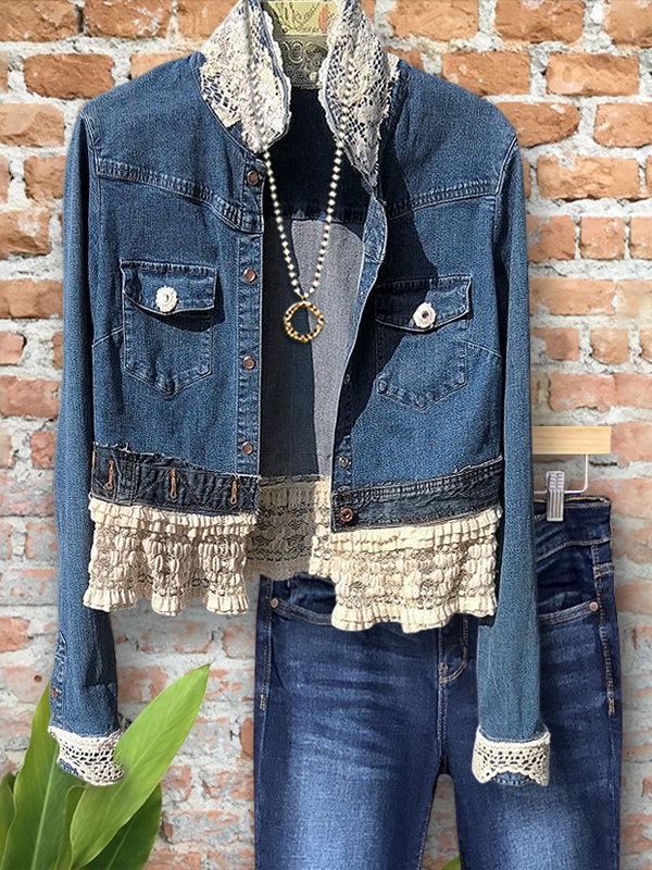 Vintage Casual Denim Crochet Patchwork Jacket