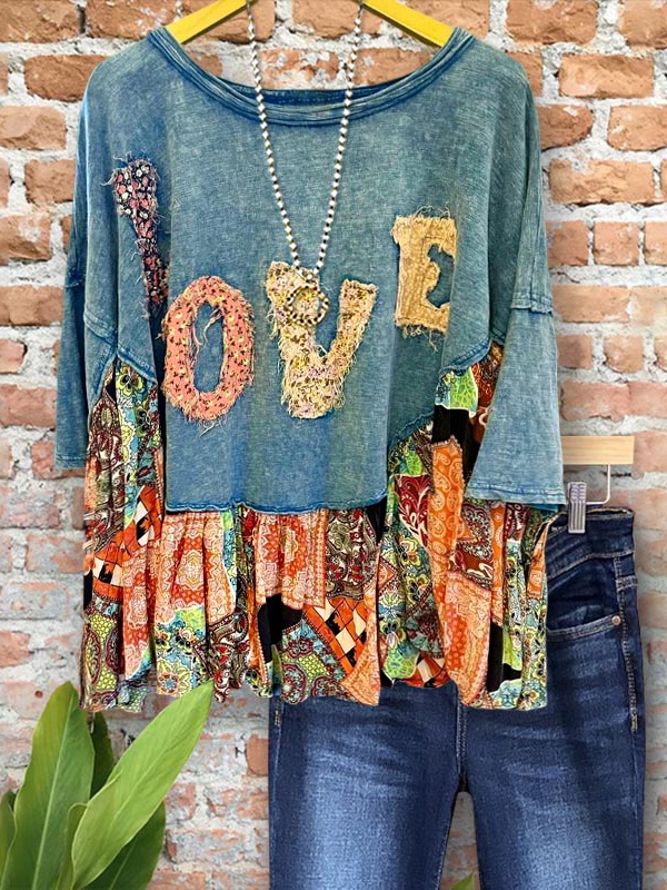 Loose Retro Lvoe Patch Mid-Sleeve Top