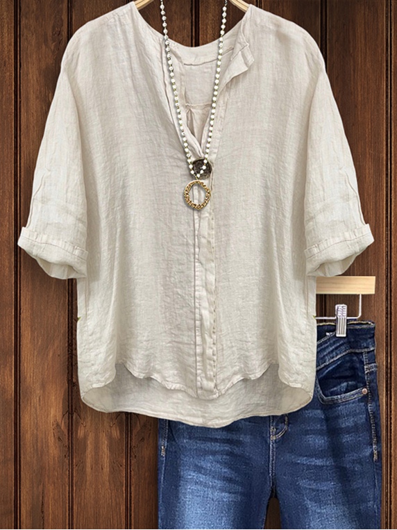 Casual Linen Button-Detail Mid Sleeve Top