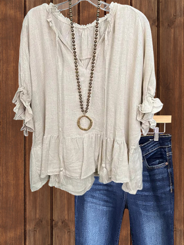 Casual Loose Linen Ruffle Sleeve Top