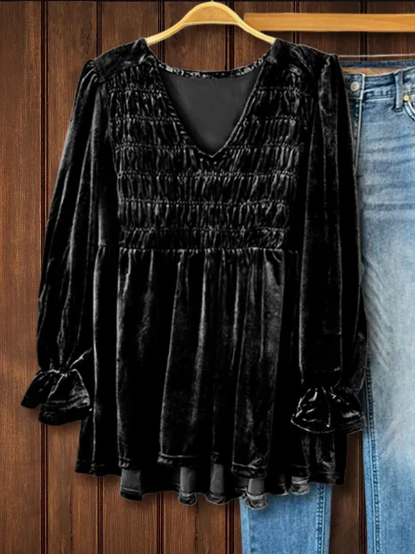 Women's blouse | Elegant Velvet Ruching Top In Black |Website-shopcharmingrose