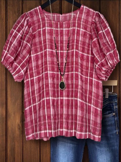 Puff Plaid Puff Sleeve Top