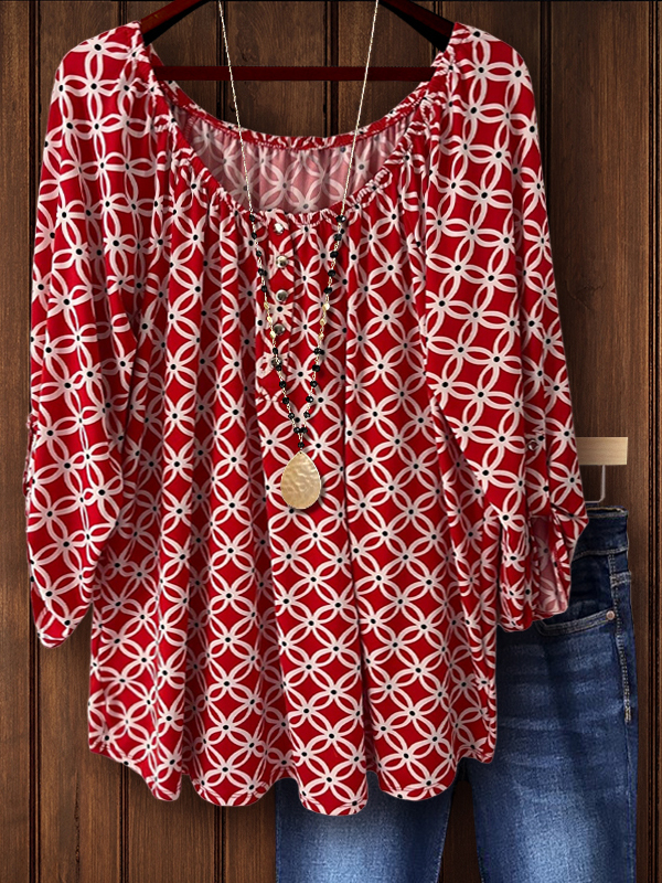 Women's top | Retro Print Mid-Sleeve Top |Website-shopcharmingrose