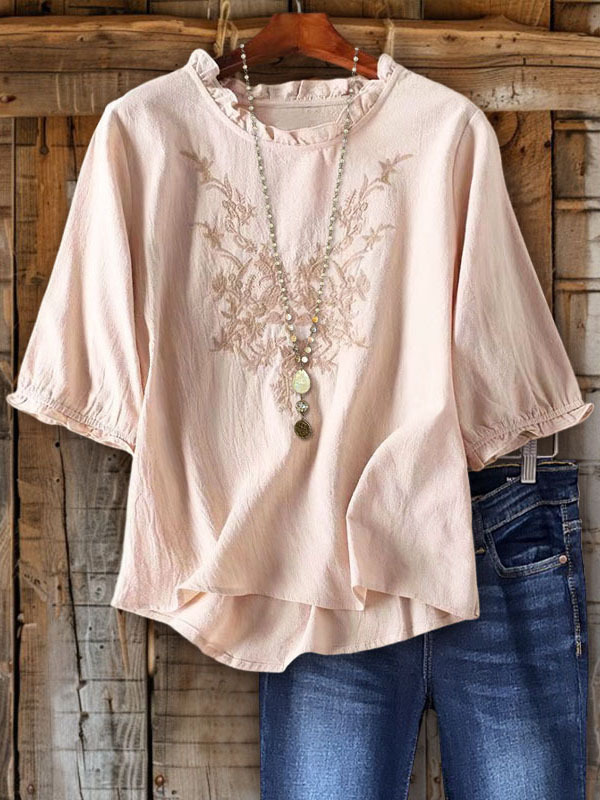 Floral Embroidered Cotton Linen Ruffle Sleeve Top