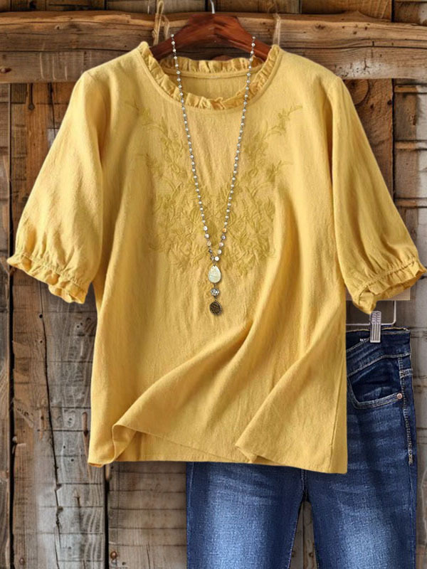 Women's top | Floral Embroidered Cotton Linen Ruffle Sleeve Top |Website-shopcharmingrose