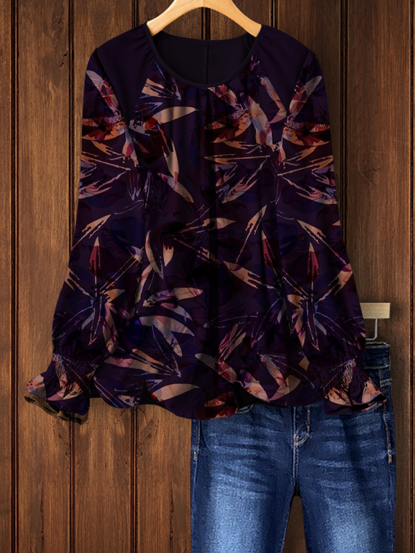Women's top | Abstract Leaf Crew Neck Top |Website-shopcharmingrose
